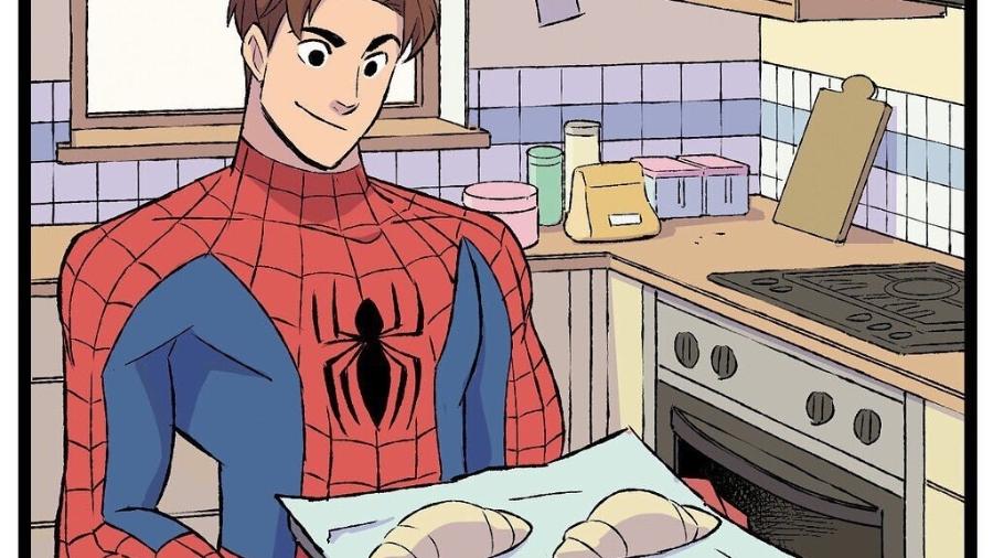 Primeira tirinha da série de heróis em quarentena da Marvel tem o Homem-Aranha assando croissants - Reprodução/Instagram