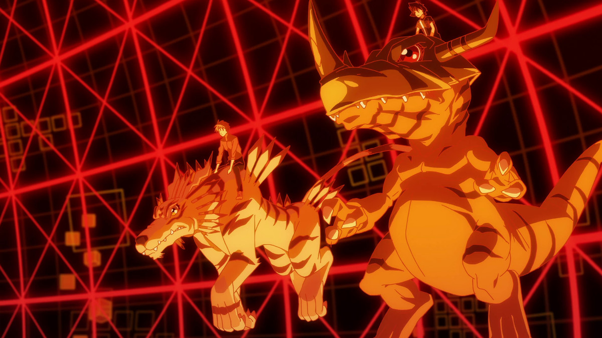 Two DigiDestined ride atop their Digimon in a deep orange virtual field