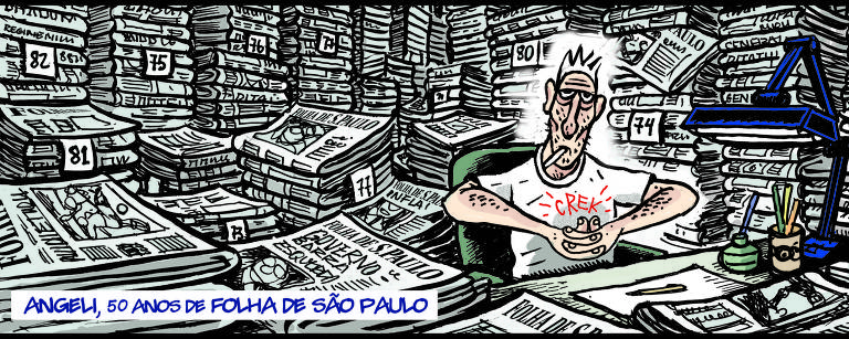 o cartunista angeli no meio de pilhas e mais pilhas de jornais Folha de S.Paulo