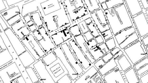 Mapa elaborado por John Snow para investigar surto de cólera no século 19 em Londres