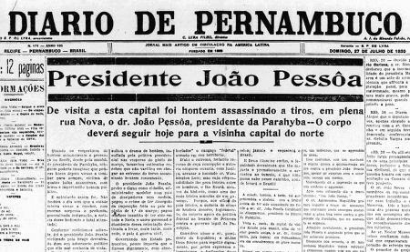 Capa do jornal estampa assassinato de João Pessoa no Recife, em 1930