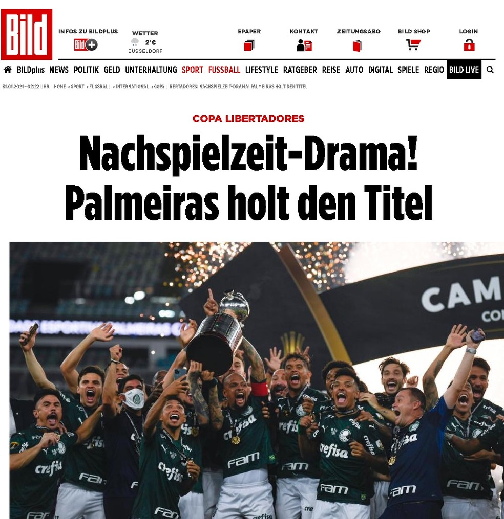 Jornal Bild destaca: Drama nos acréscimos! Palmeiras fica com o título — Foto: Reprodução/Bild