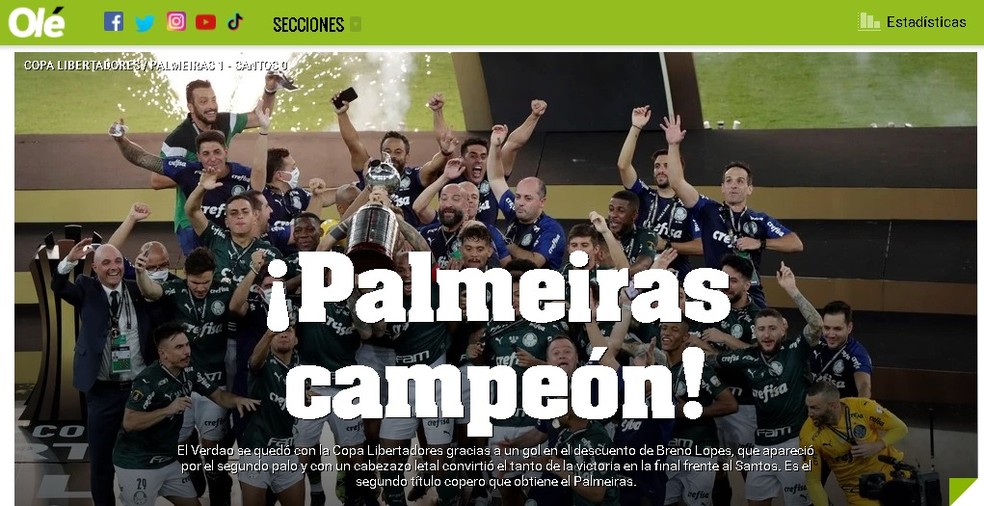 Argentino Olé destaca: Palmeiras campeão! — Foto: Reprodução/Olé