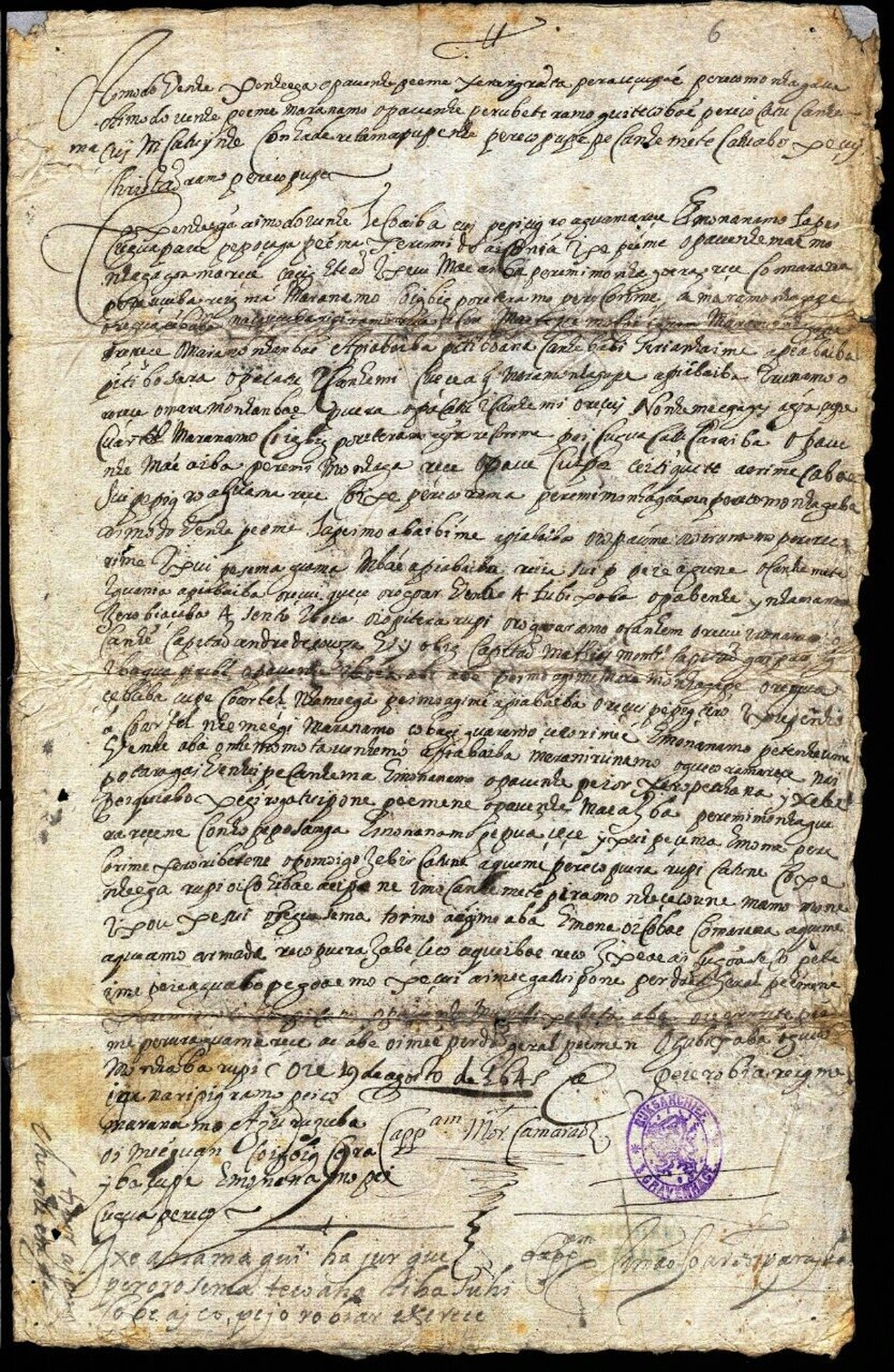 Carta em tupi de Felipe Camarão a Pedro Poti, de 19 de agosto de 1645, traduzida pelo professor da USP, Eduardo Navarro — Foto: Arquivo pessoal/Eduardo Navarro