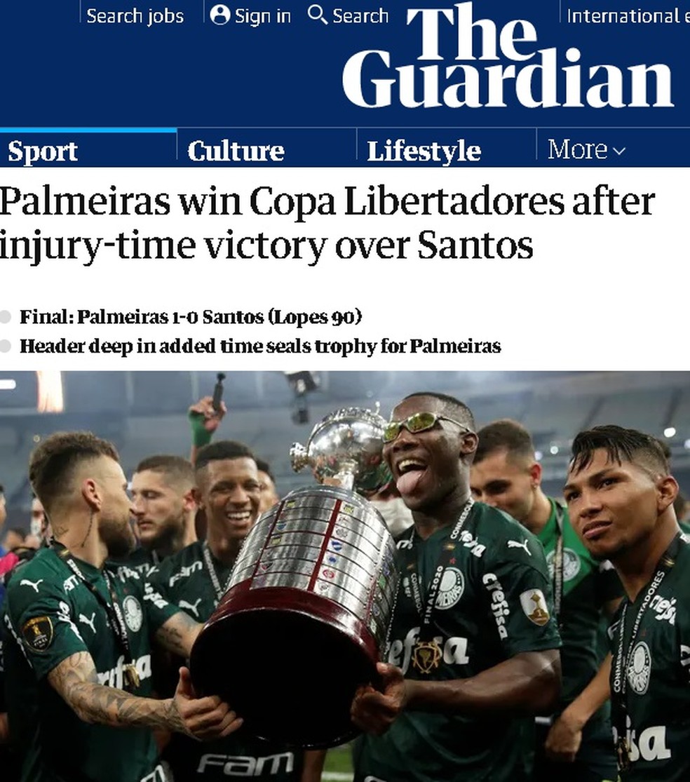 The Guardian, da Inglaterra: Palmeiras vence a Copa Libertadores com uma vitória nos acréscimos contra o Santos — Foto: Reprodução/The Guardian