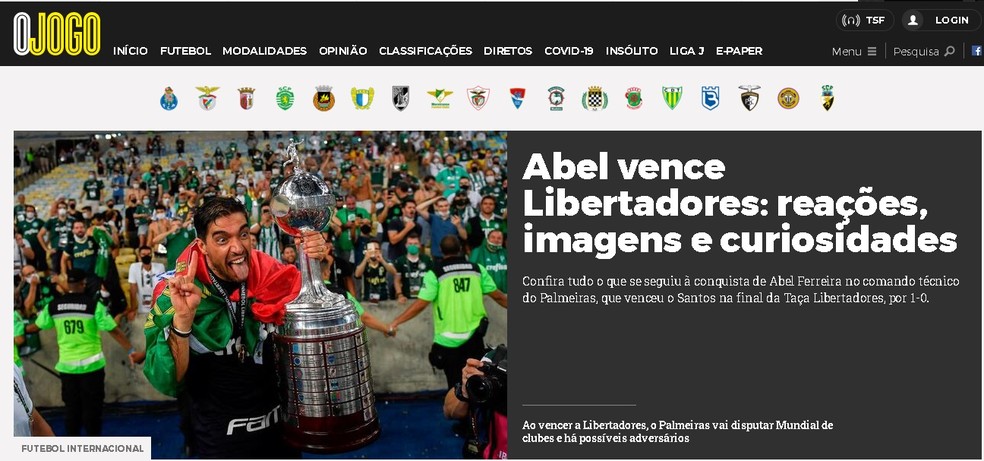 Jornal português O Jogo: Abel vence Libertadores — Foto: Reprodução/O Jogo