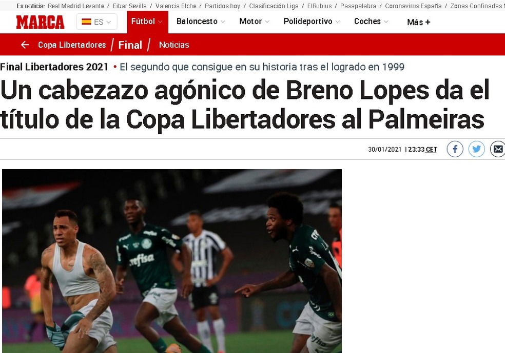 Marca, da Espanha: Um cabeceio agônico de Breno Lopes dá o título da Copa Libertadores ao Palmeiras — Foto: Reprodução/Marca