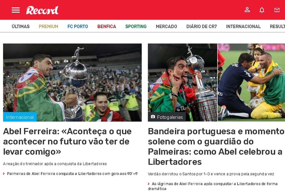Português Record também destaca título de Abel Ferreira pelo Palmeiras — Foto: Reprodução/Record